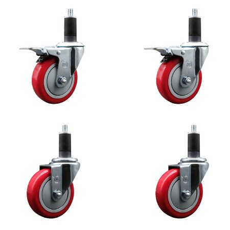 Service Caster 4'' SS Red Poly Swivel 1-1/4'' Expanding Stem Caster Set 2 Total Lock Brakes, 4PK SCC-SSEXTTL20S414-PPUB-RED-2-S-2-114